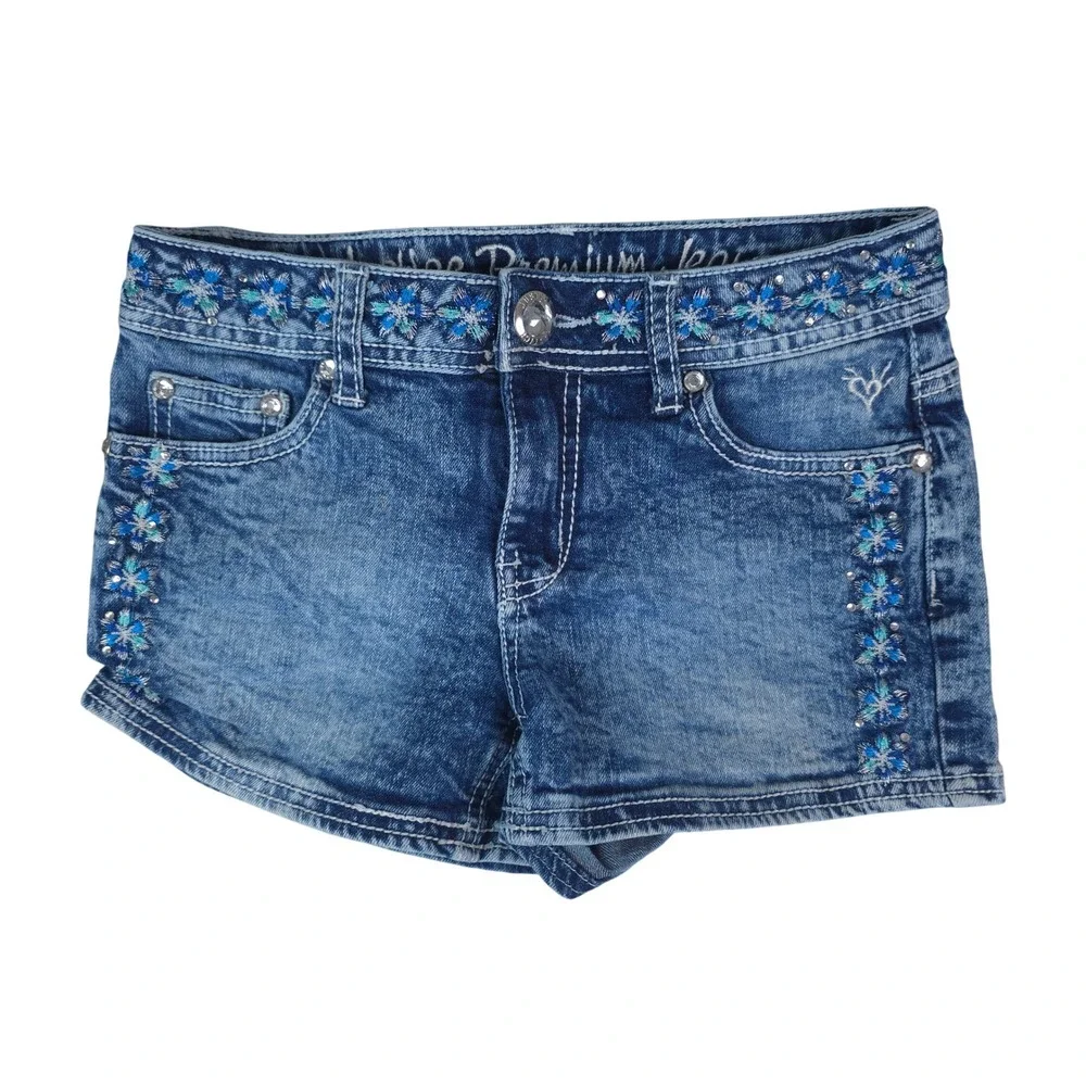 Justice Premium Denim Shorts Girls 12S Blue Embroidered Rhinestone Y2K Boho
